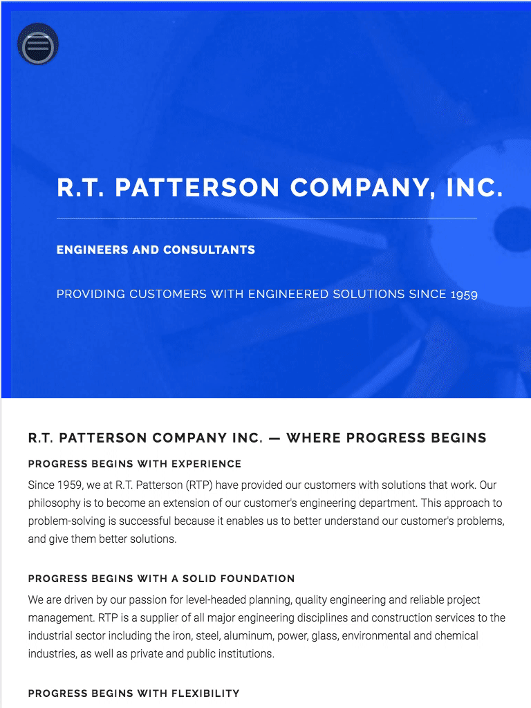 One of the first freelance projects I worked on, the R.T. Patterson site features lots of colorful branding with a navigation menu that slides on touch.